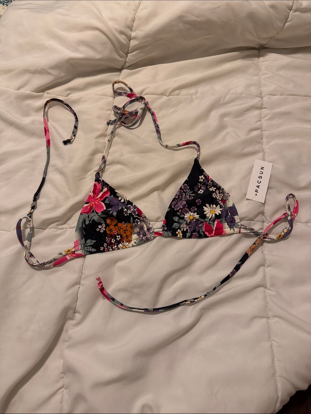 NWT PacSun Black Floral Triangle Bikini Top with Pink & Purple Accents